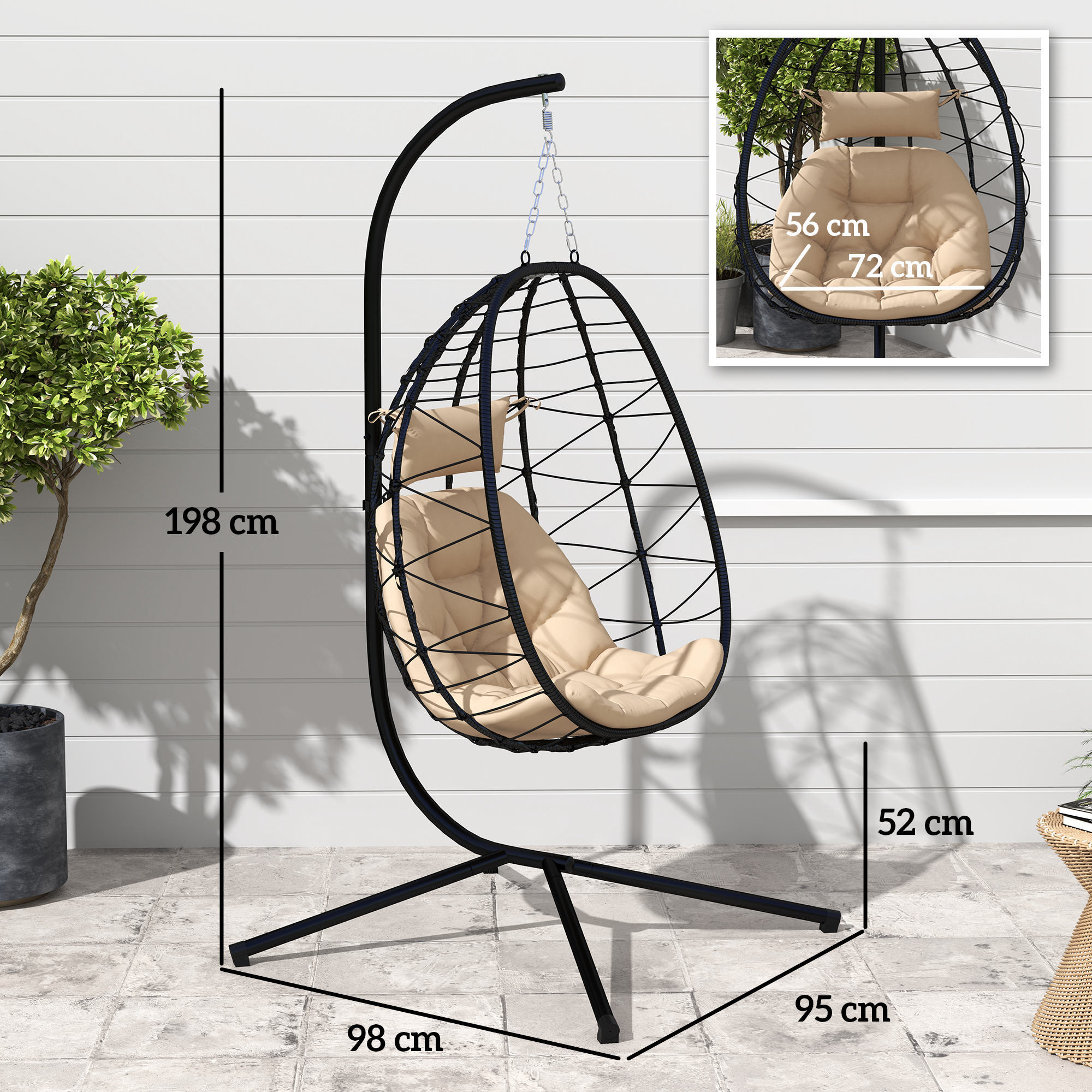 Silla Colgante Huevo con Soporte Columpio Jardín Exterior con Cesta Plegable Cojín y Reposacabezas Columpio Colgante para Interior y Exterior Carga 120 kg Caqui