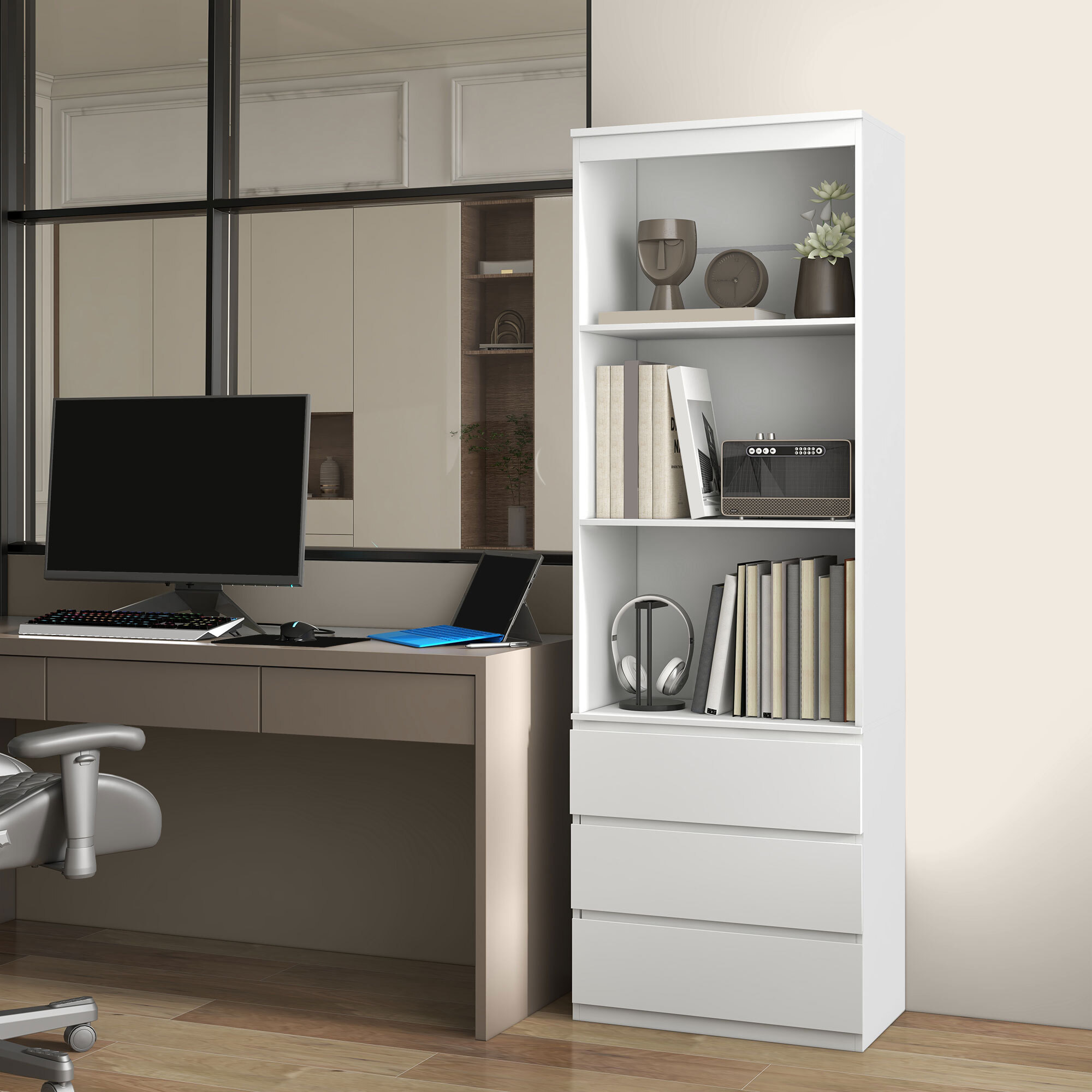 Bibliothèque 3 étagères 3 tiroirs - dim. 60L x 35l x 180H cm - panneaux aspect bois blanc