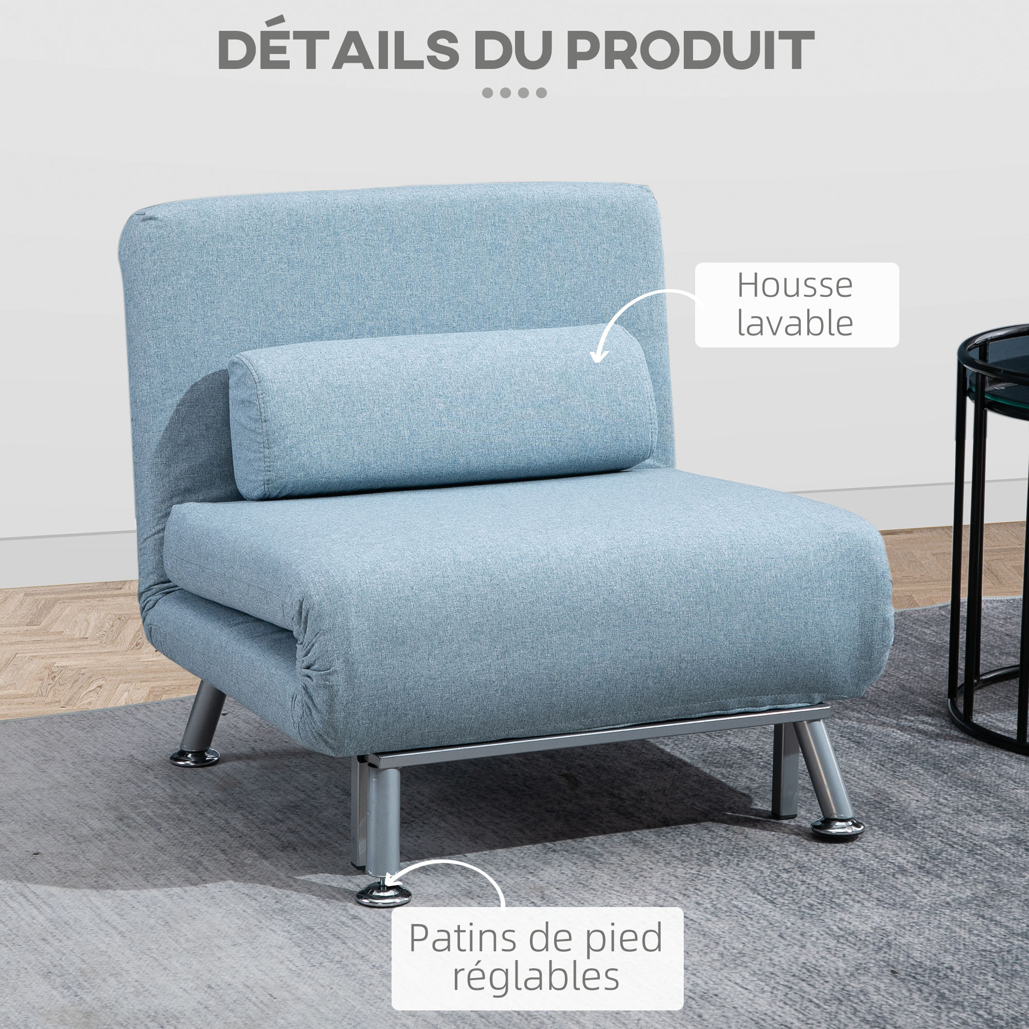 Fauteuil convertible 3 en 1 chauffeuse lit avec coussin bleu