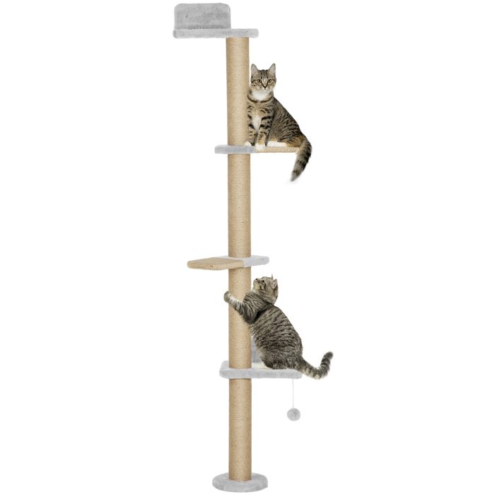 Árbol para Gatos de Pared de 5 Niveles, Rascador para Gatos Estrecho con Bola de Juguete y Rascadores de Sisal, 48x21x180 cm, Gris Claro