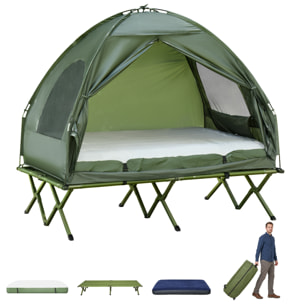 Outsunny Tienda de Campaña con Cama Doble Plegable 4 en 1 Cama de Campamento Elevada con Colchón Hinchable y Bolsa de Transporte de Tela Oxford 600D Acero 193x145x180 cm Verde