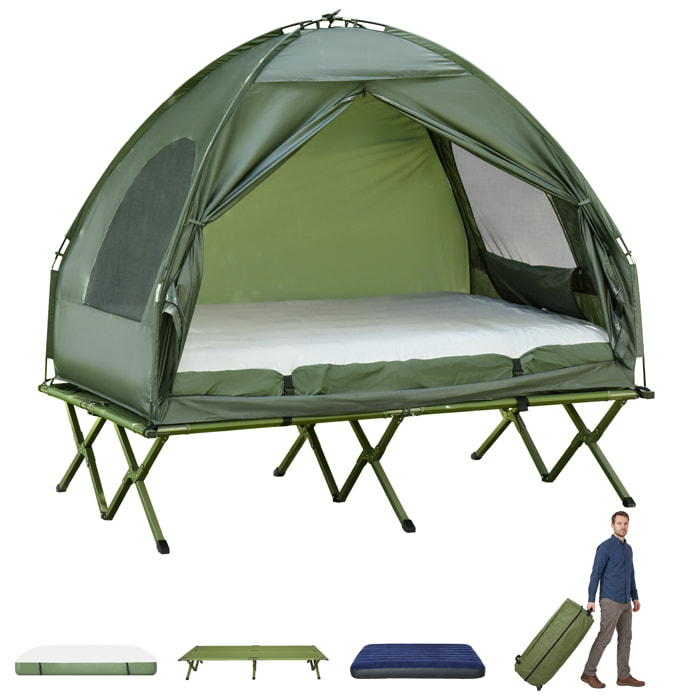 Outsunny Tienda de Campaña con Cama Doble Plegable 4 en 1 Cama de Campamento Elevada con Colchón Hinchable y Bolsa de Transporte de Tela Oxford 600D Acero 193x145x180 cm Verde