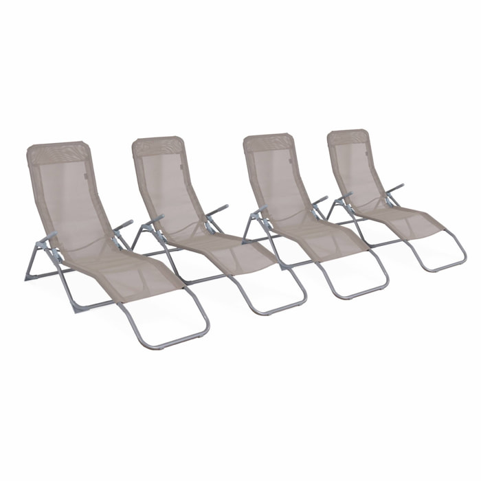 Lot de 4 bains de soleil pliants - Levito Taupe - Transats textilène 2 positions. chaises longues