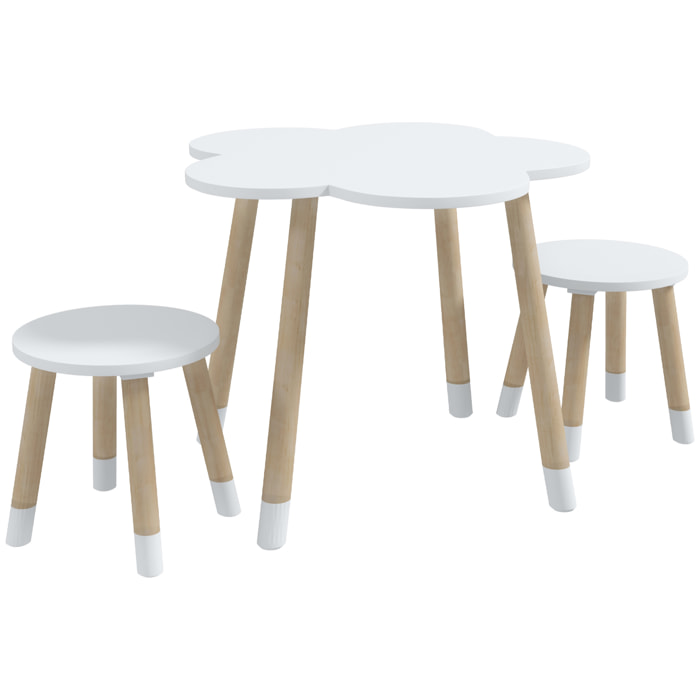 Juego de Mesa y 2 Sillas Infantiles Mesa con Sillas para Niños de 2-5 Años con Mesa en Forma de Flores Ø59x50 cm y Sillas Ø28x26 cm para Dormitorio Sala Blanco y Natural