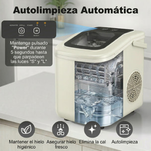 Máquina de Hielo, Máquina de Cubitos de Hielo Autolimpiable, 12 kg/24H, 9 Cubitos Listos en 7 Minutos, 2 Tamaños de Hielo, 1,2L Depósito, para Hogar, Cocina, Oficina, Bar, Beige