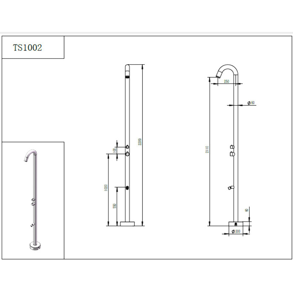 Douche extérieure NATUREL inox 316L 229 cm - rince-pieds - piscine & jardin (TS1002)