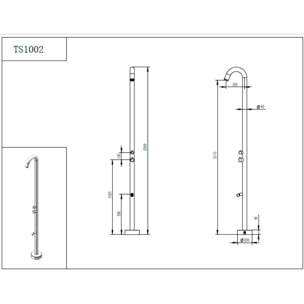 Douche extérieure NATUREL inox 316L 229 cm - rince-pieds - piscine & jardin (TS1002)