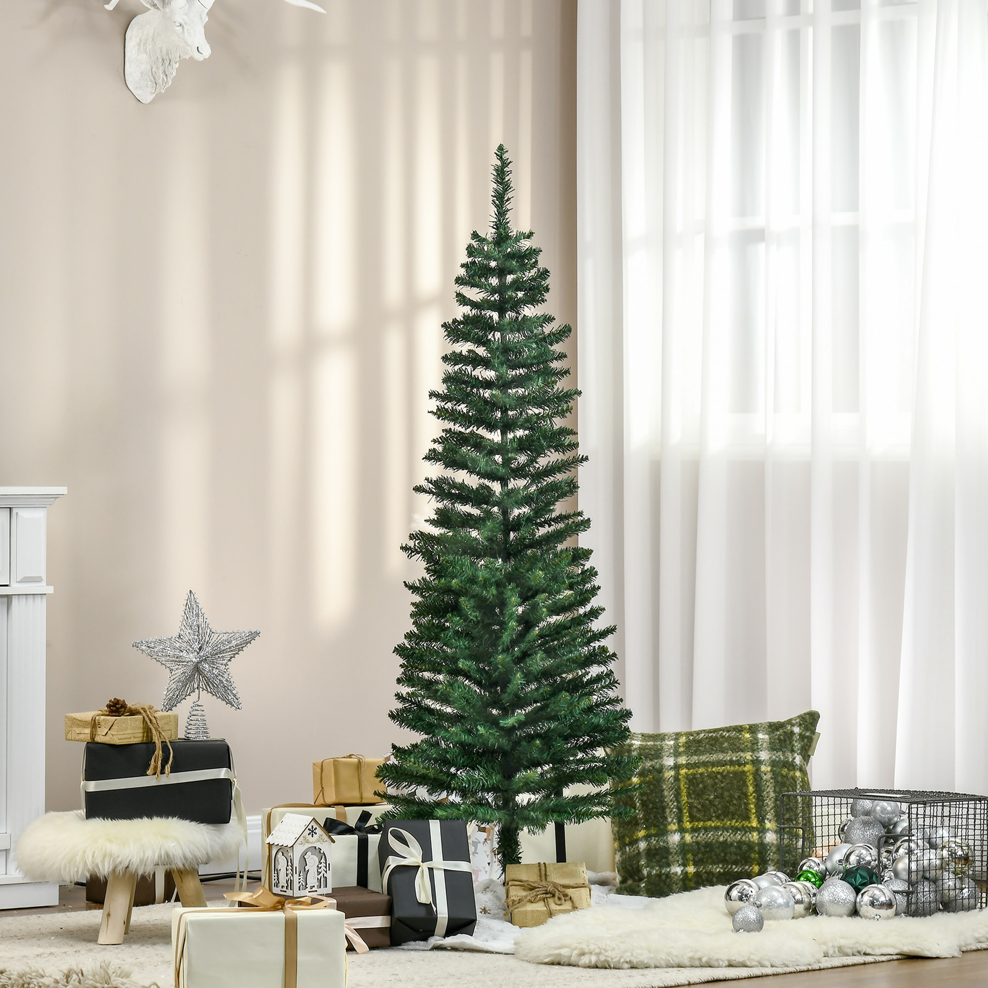 HOMCOM Albero di Natale Artificiale 150cm Alto e Stretto con Rami Realistici e Base in Plastica, Verde