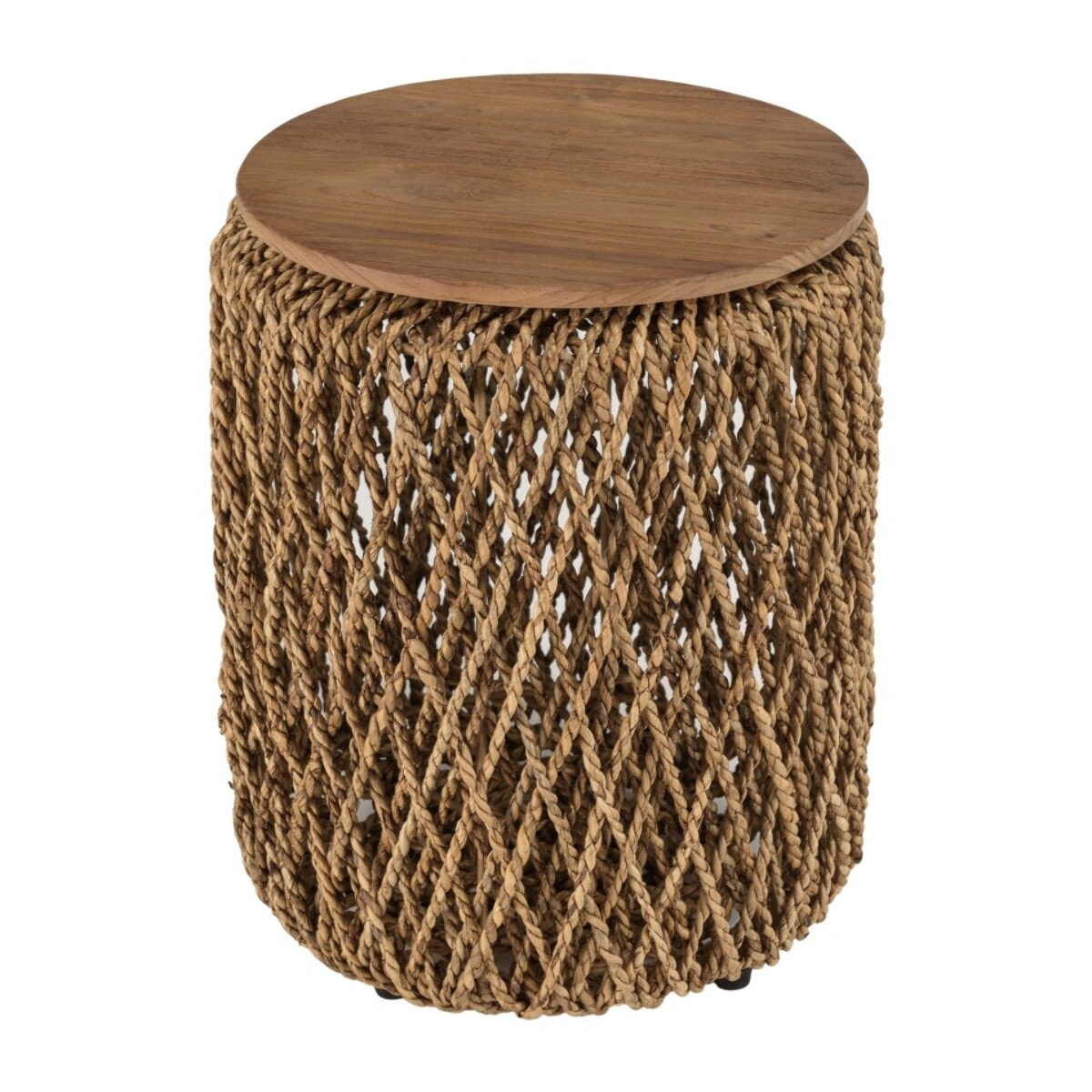 SIXTINE - Table d'appoint ronde diam40 rotin plateau bois teck recyclé