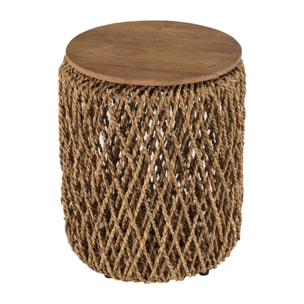 SIXTINE - Table d'appoint ronde diam40 rotin plateau bois teck recyclé