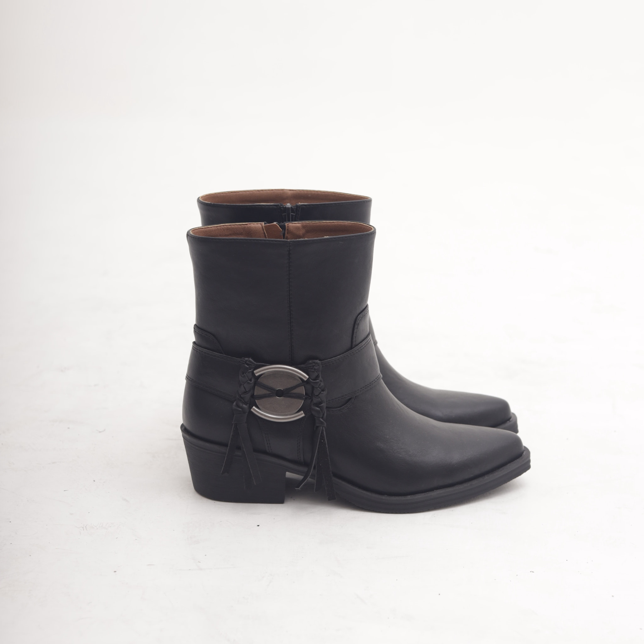 STIVALETTO TEXANO CINTURINO E FRANGE NERO