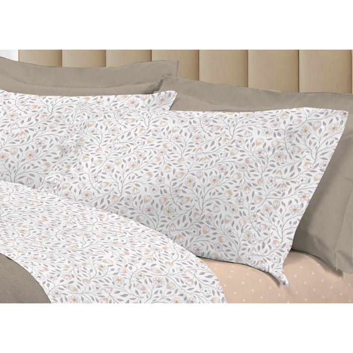 Completo Lenzuola Linea 3027 In Percalle Fantasia Floreale Disegno Melody Beige
