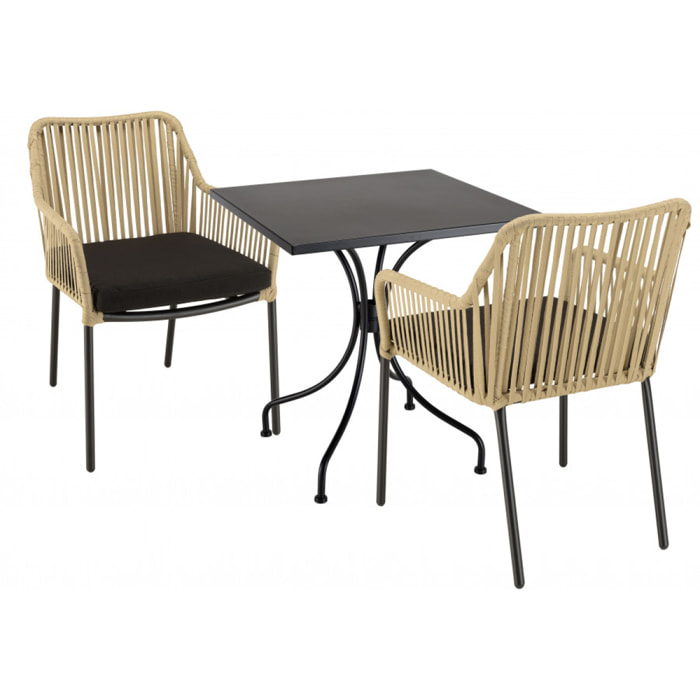 MALO - SALON DE JARDIN 2 PERS. - Table carrée 70x70cm et 2 fauteuils beiges et noirs en cordage