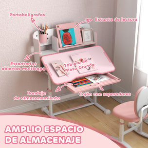 Juego de Escritorio y Silla para Niños de +3 Años, Pupitre Infantil Altura Ajustable con Tablero Inclinable, Cajón y Estantes, Respaldo Acolchado, para Libros, 80x55x107,5 cm, Rosa