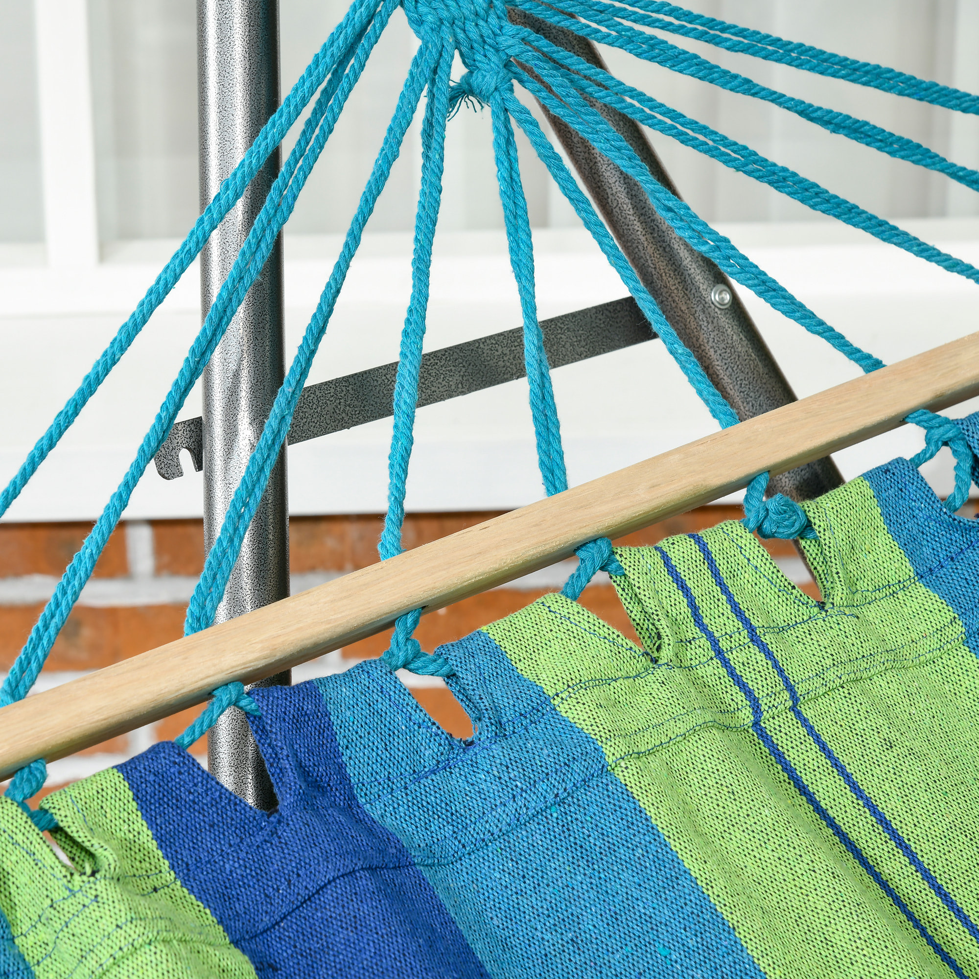 Hamaca con Soporte Plegable 2 en 1, Tendedero con Barra, Estructura de Acero, Hamaca de Camping Portátil de Algodón, Carga 120 kg, para Jardín, Patio, Terraza, 270x100x94 cm, Azul y Verde