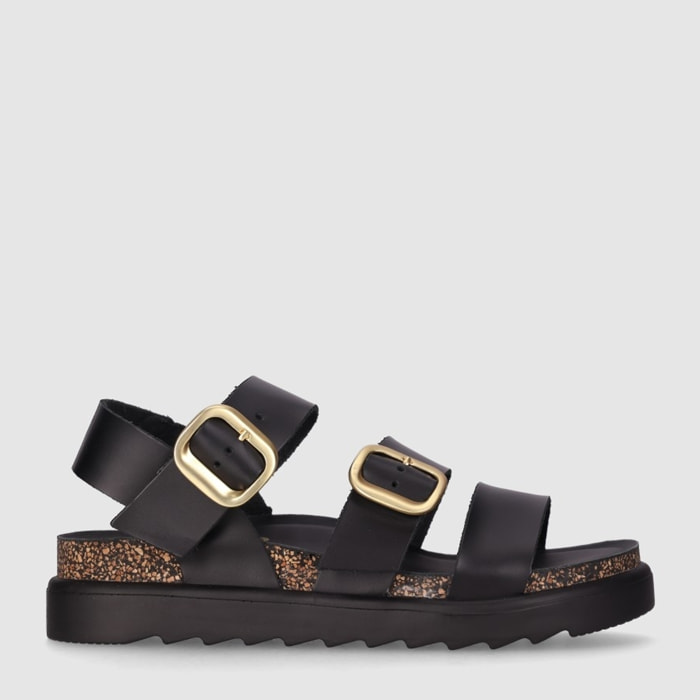Sandalias de Piel - Negro - Tacón: Bajo