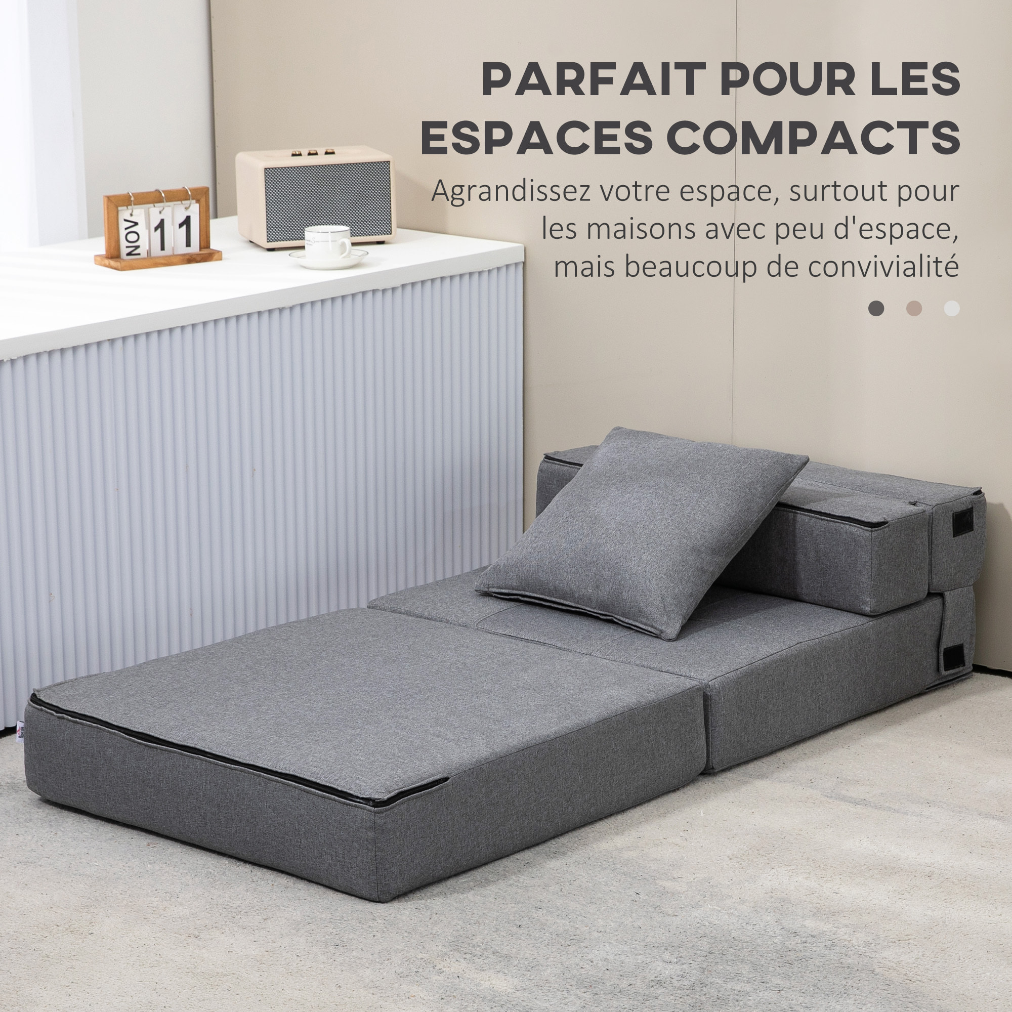 Chauffeuse canapé-lit convertible 1 place - coussin déhoussable inclus - tissu gris