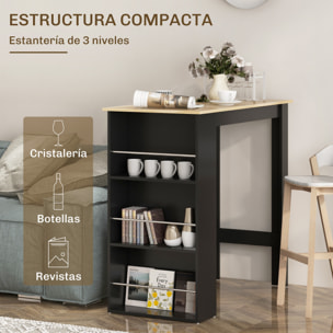 Mesa Alta de Bar, Mesa de Cocina con 3 Estantes Laterales, Estilo Moderno, para Comedor, Salón, 112x57x106 cm, Negro y Natural