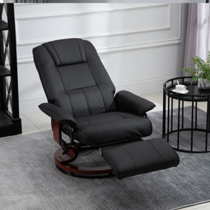 Fauteuil relax inclinable repose-pieds réglable pivotant 360° piètement bois revêtement PU noir