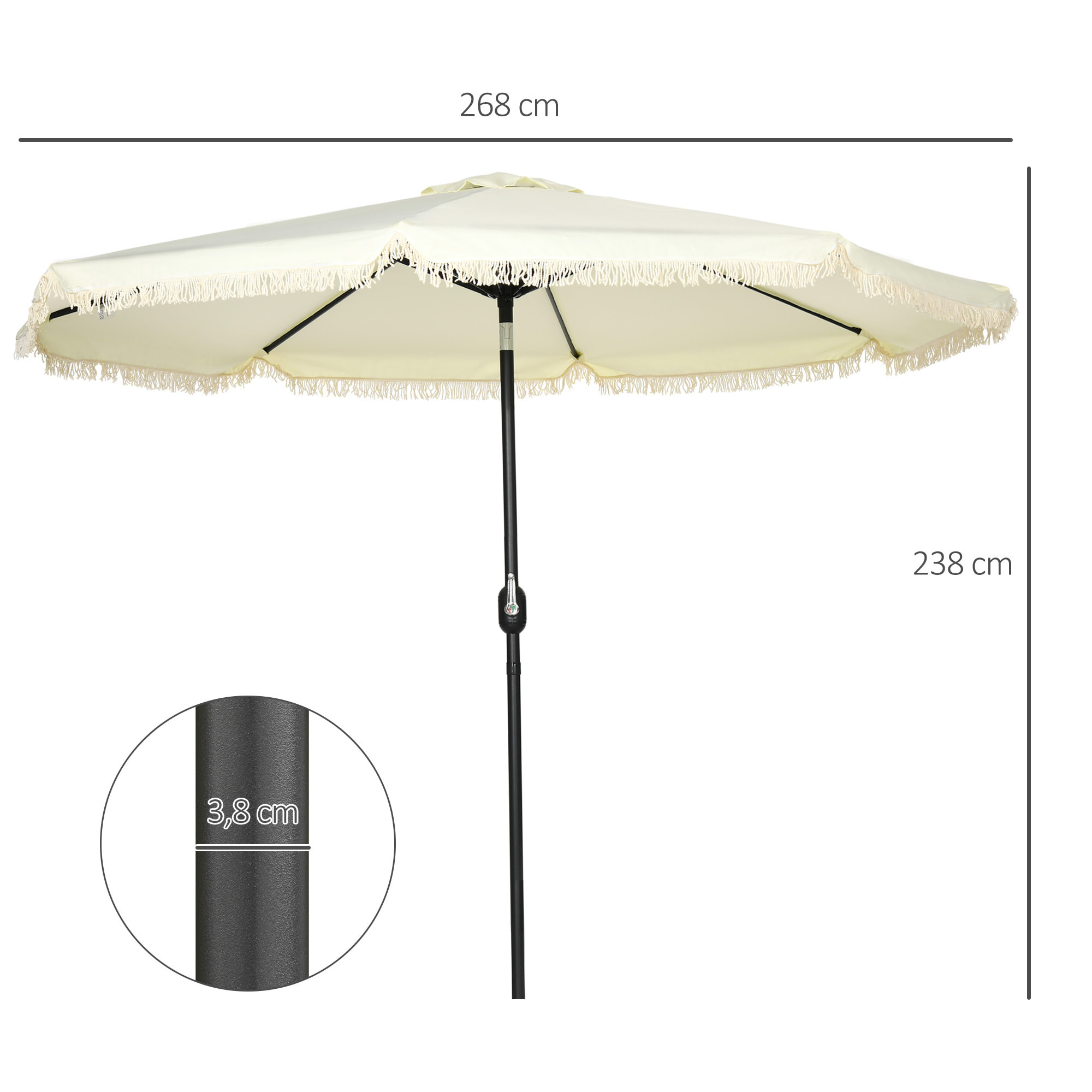 Parasol octogonal inclinable Ø 2,68 x 2,32H m mât acier noir polyester haute densité 180 g/m² crème