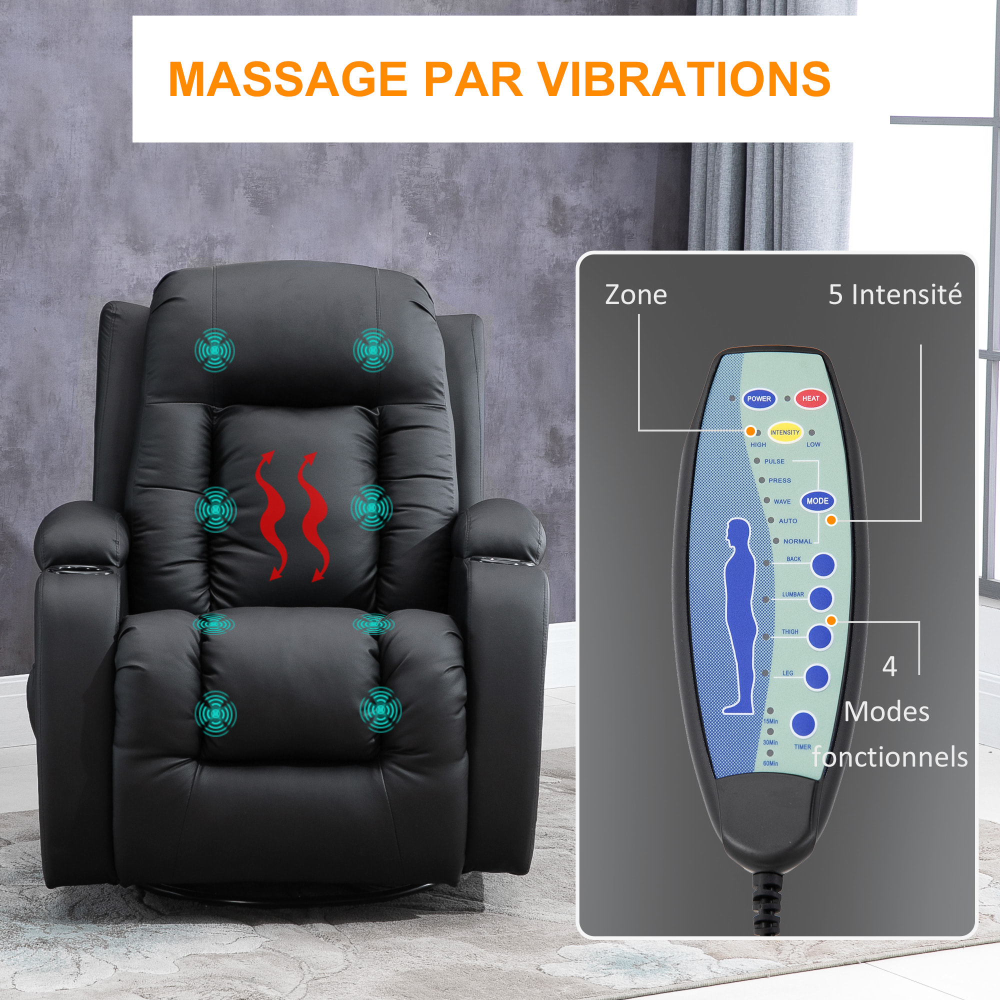 Fauteuil de massage et relaxation électrique chauffant inclinable manuellement repose-pied télécommande noir