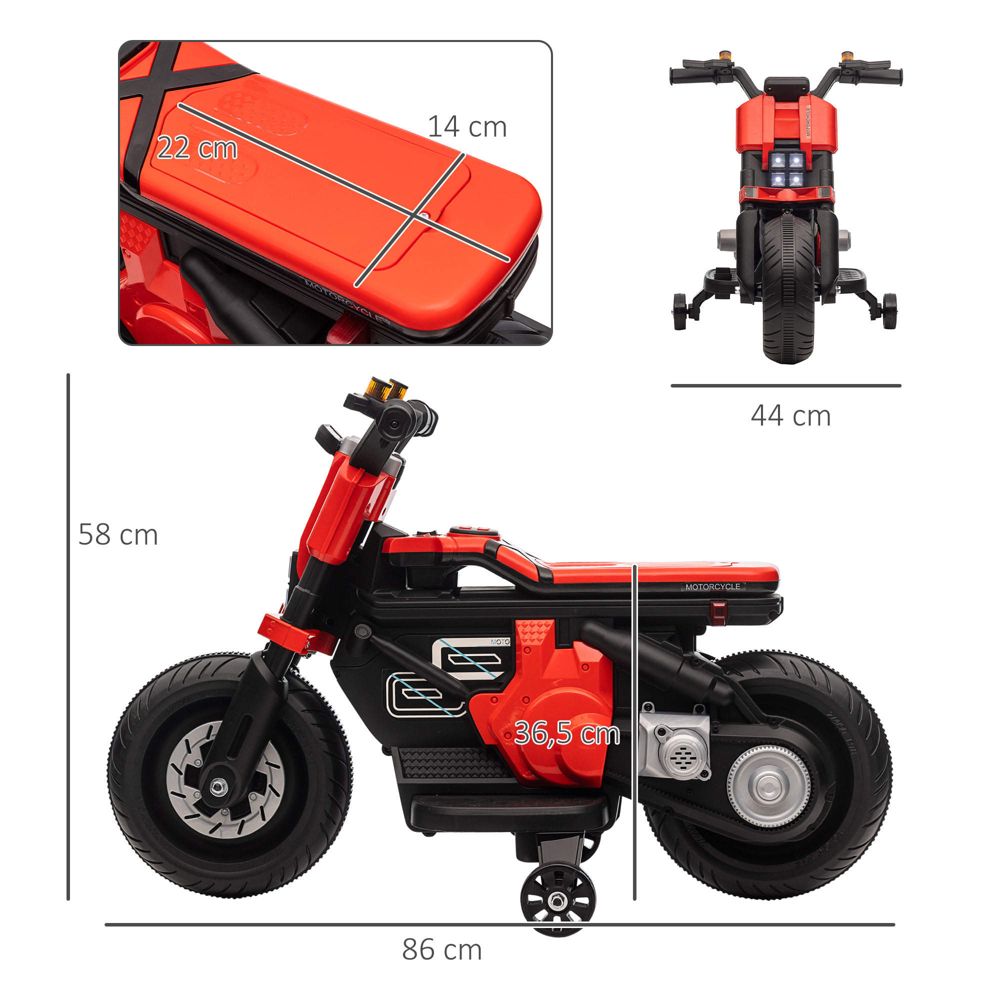 Moto Eléctrica Infantil 6V con Faros Música Ruedas Auxiliares 86x44x58 cm Rojo