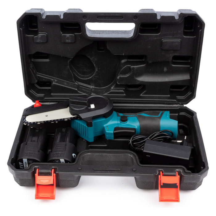 Mini motosega senza fili con lama da 3 pollici, 2 batterie da 5200 mah e valigetta per il trasporto.