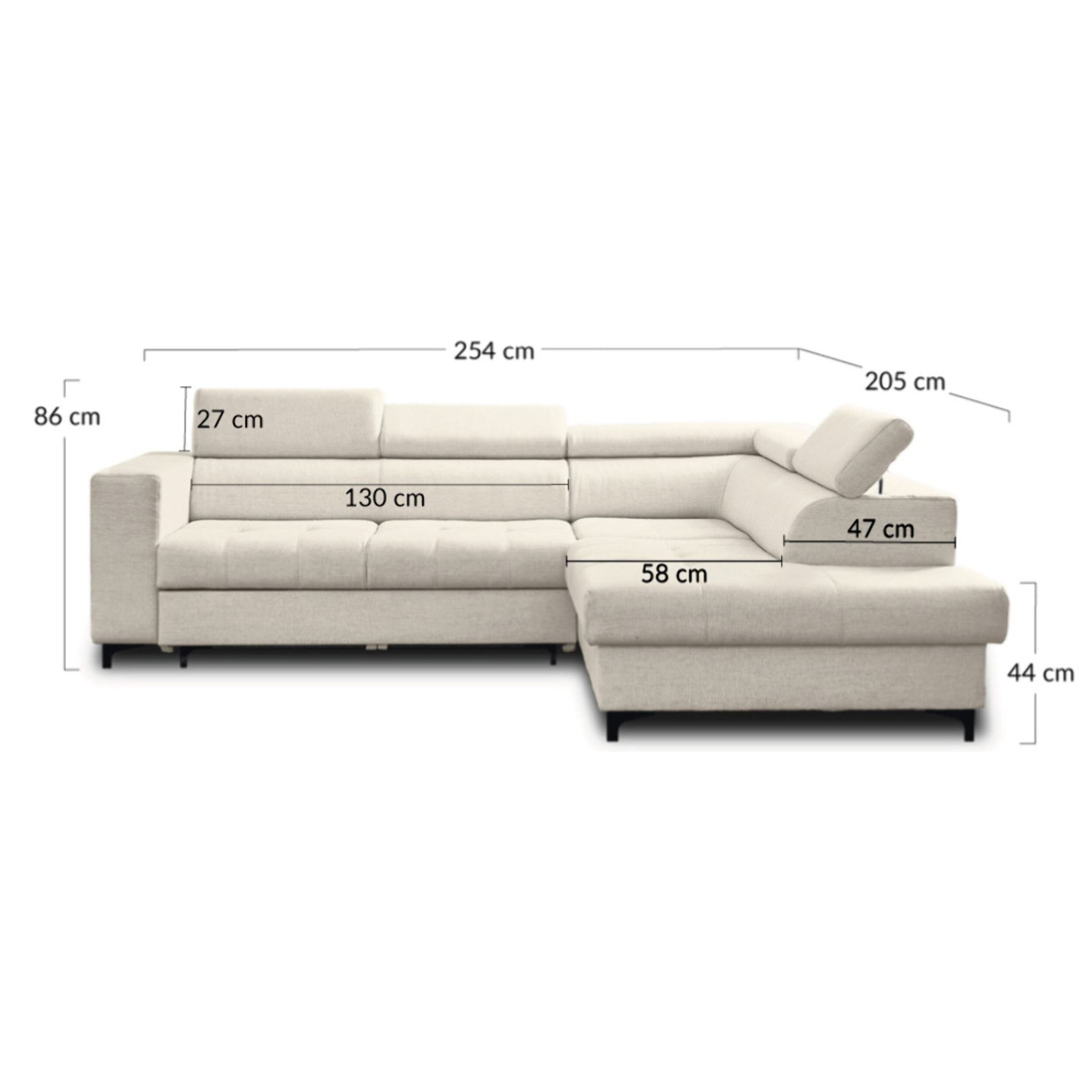 Olinda - canapé d'angle droit - 5 places - convertible avec coffre et têtières réglables - en tissu - Beige