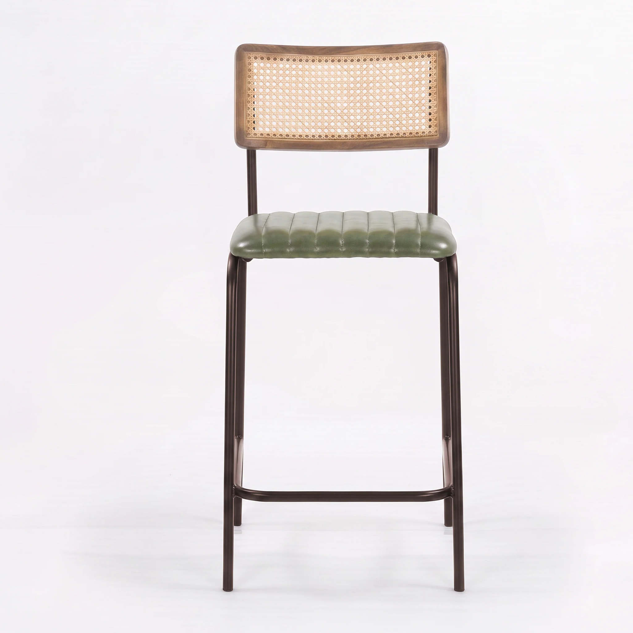 Lot de 2 chaises de bar 76 cm en cannage et cuir vert - Arsène