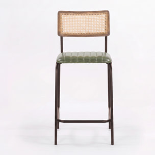 Lot de 2 chaises de bar 76 cm en cannage et cuir vert - Arsène