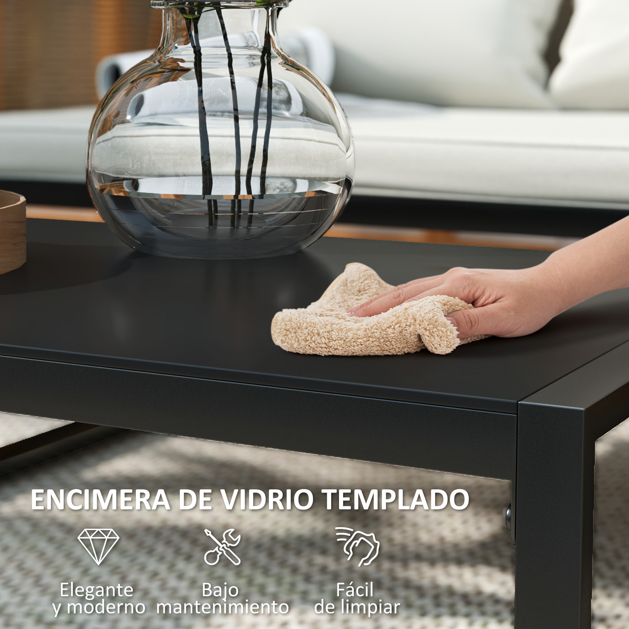 Conjunto de Jardín Exterior 4 Piezas de Ratán Sintético Muebles Jardín Exterior con 2 Sillones 1 Sofá de 2 Plazas y Mesa de Centro con Tablero de Vidrio Templado Natural y Crema