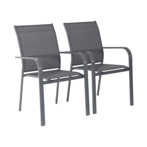 Lot de 2 fauteuils de jardin BUFFALO empilables aluminium et textilene anthracite. 64.5 x 45.5 x 89.5 cm
