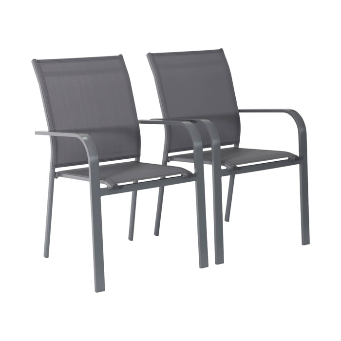 Lot de 2 fauteuils de jardin BUFFALO empilables aluminium et textilene anthracite. 64.5 x 45.5 x 89.5 cm