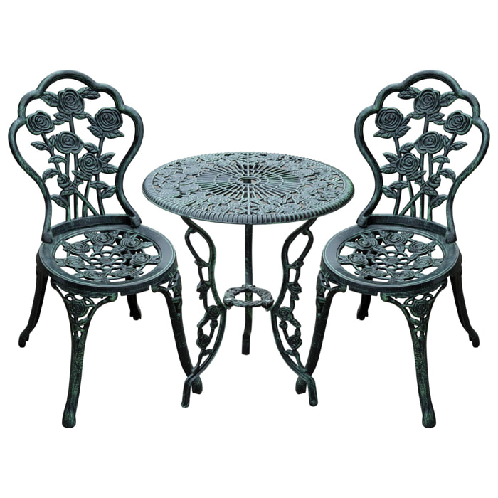 Ensemble salon de jardin 2 places 2 chaises + table ronde style néo-rétro motif rose lignes fuselées fonte d'aluminium vert vieilli