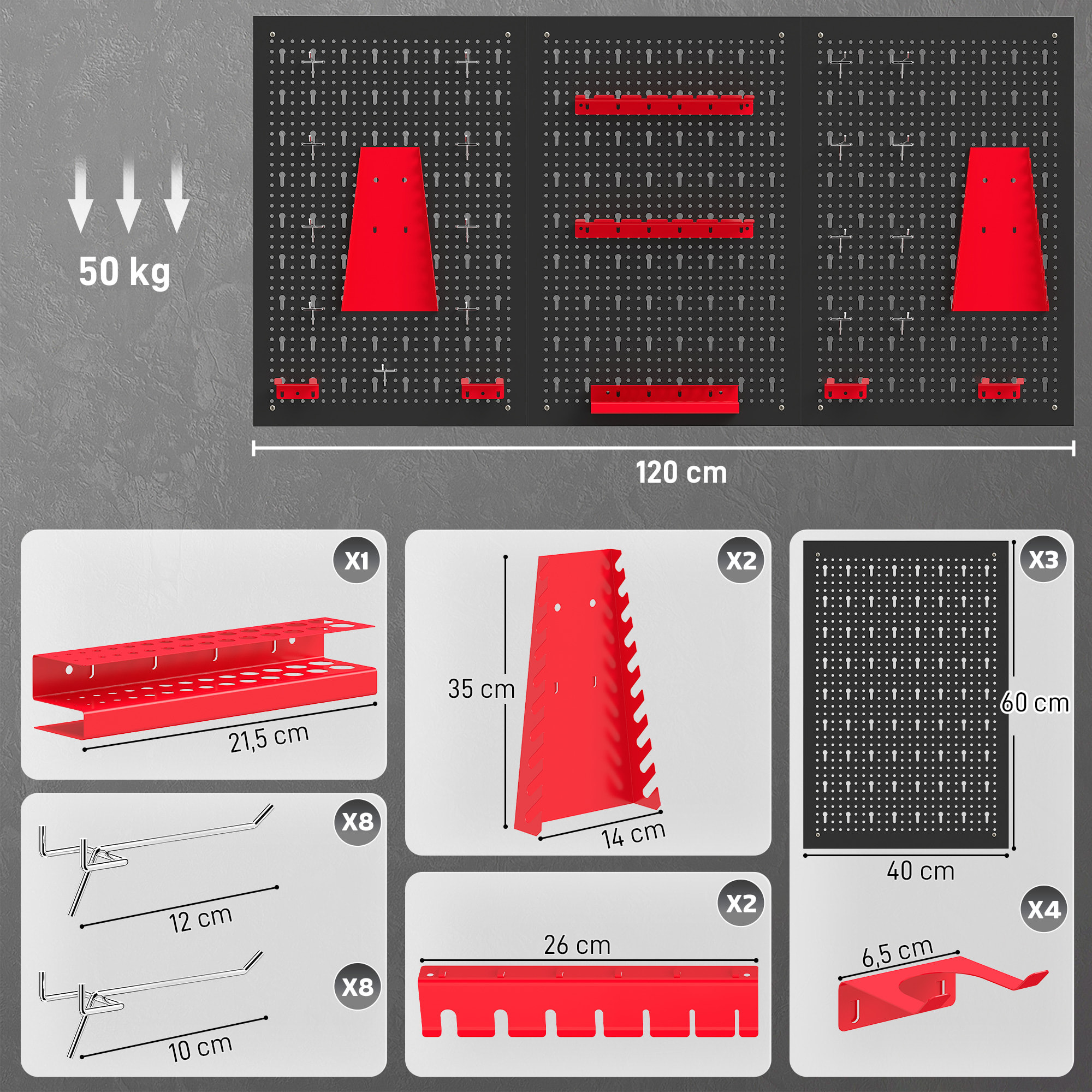 3 Paneles de Herramientas de Pared, 28 Piezas, cada panel 60x40 cm, Organizador de Herramientas de Pared con Ganchos y Estantes, para Garajes y Bricolaje, Negro y Rojo