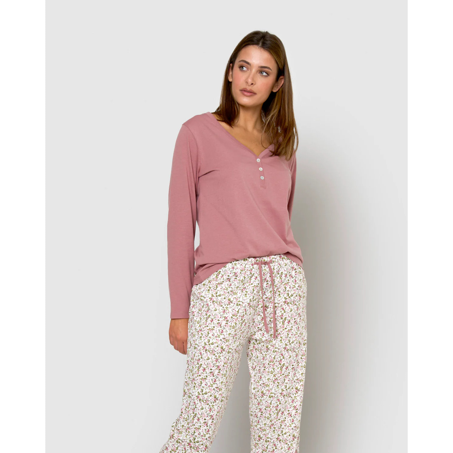 Pigiama lungo di cotone con scollo a v rosa