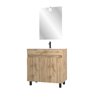 Meuble salle de bain 80x80 -Finition chene naturel + vasque blanche + miroir Led- TIMBER 80 - Pack27