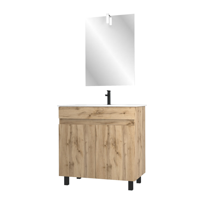 Meuble salle de bain 80x80 -Finition chene naturel + vasque blanche + miroir Led- TIMBER 80 - Pack27