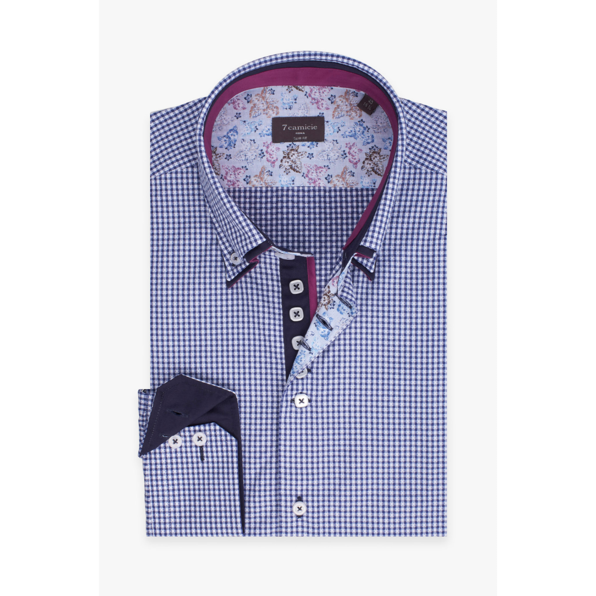 Camicia Uomo 2 Bottoni Button Down 7bottoni Doppio Coll Cotone Fantasia Blu\Bianco