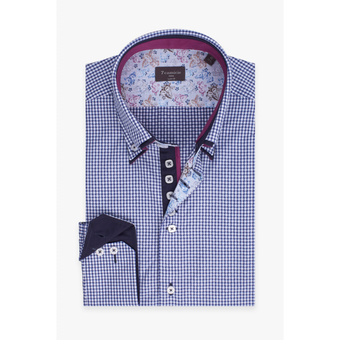 Camicia Uomo 2 Bottoni Button Down 7bottoni Doppio Coll Cotone Fantasia Blu\Bianco