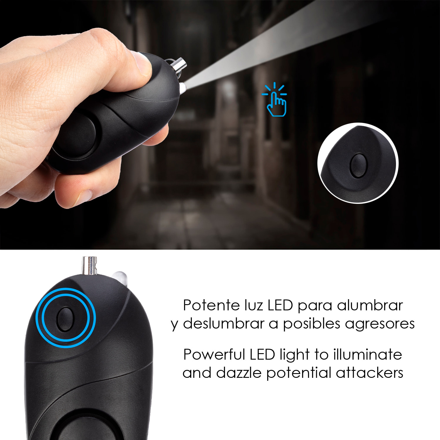 Alarma SOS personal con luz LED brillante y sonido de 130dB. 3x pilas LR44 incluidas y activación rápida por tirón de anilla.