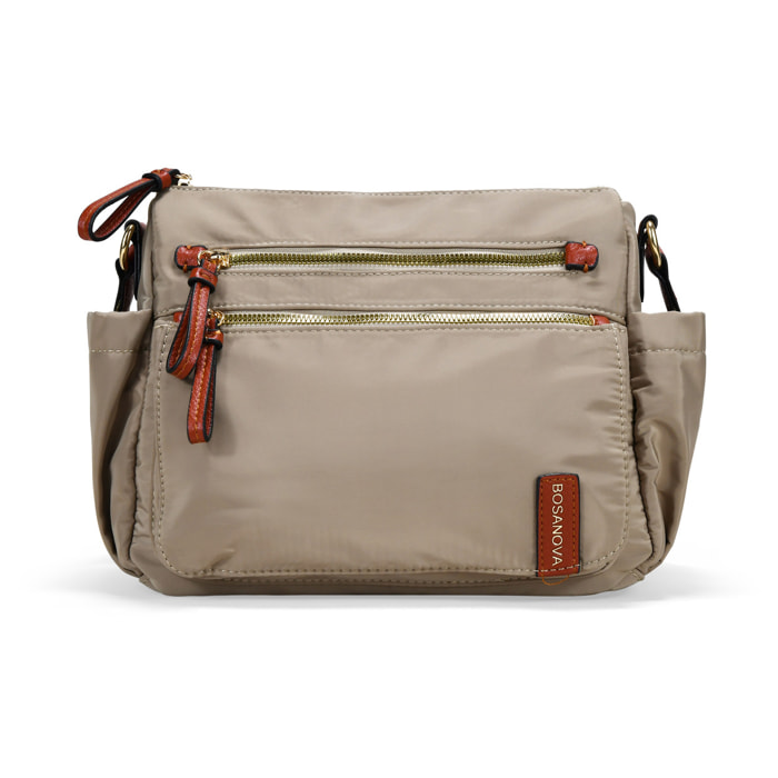 Bolso bandolera taupe con cremalleras metálicas