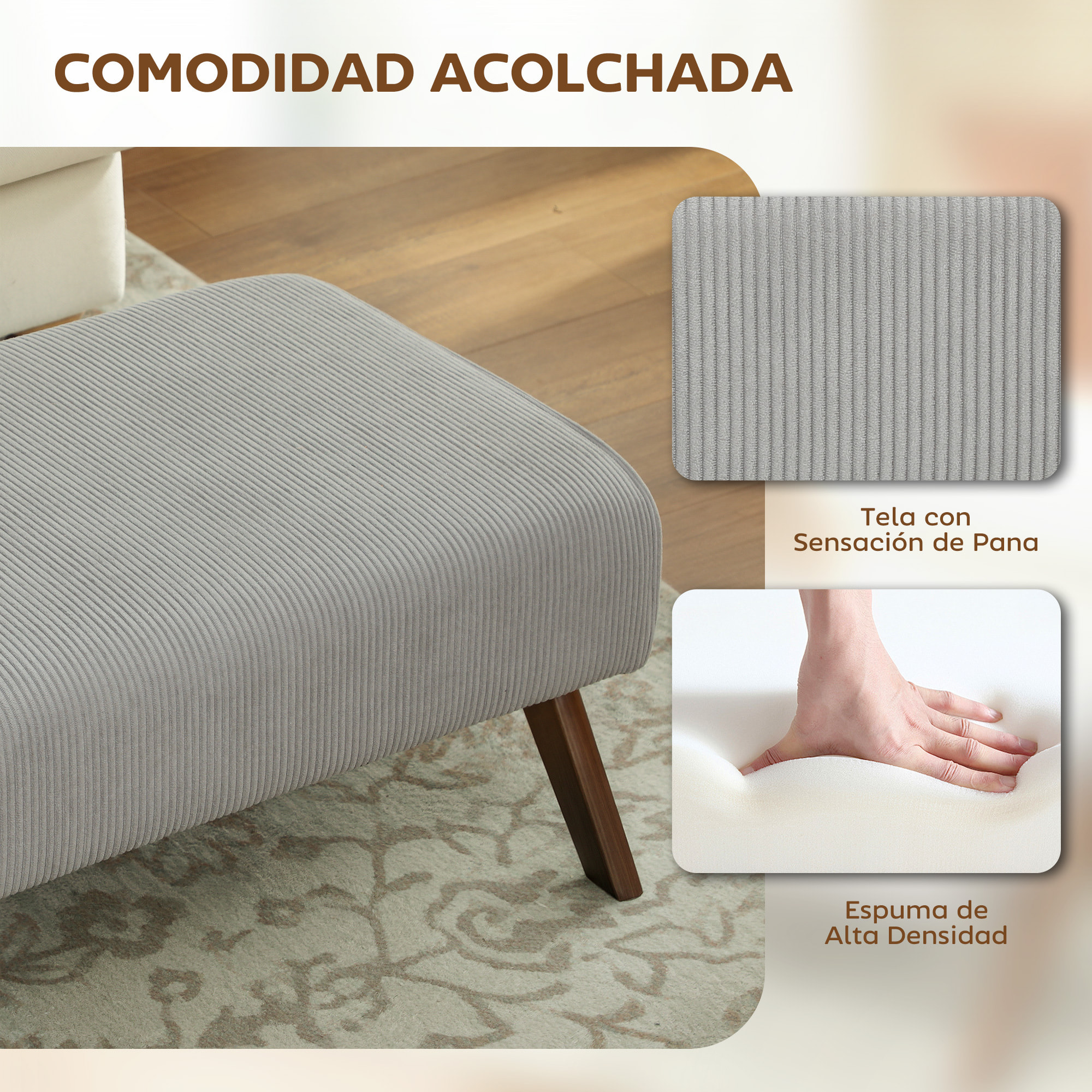 Reposapiés de Salón Taburete Bajo Tapizado en Pana Otomana Rectangular con Asiento Acolchado y Patas de Madera para Sala de Estar Dormitorio Gris Claro