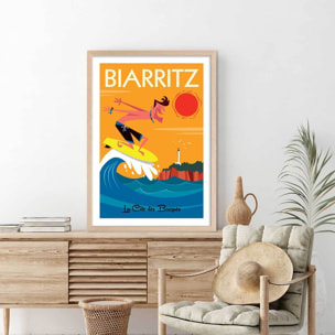 Affiche Surf à Biarritz Affiche + cadre en bois - Chêne