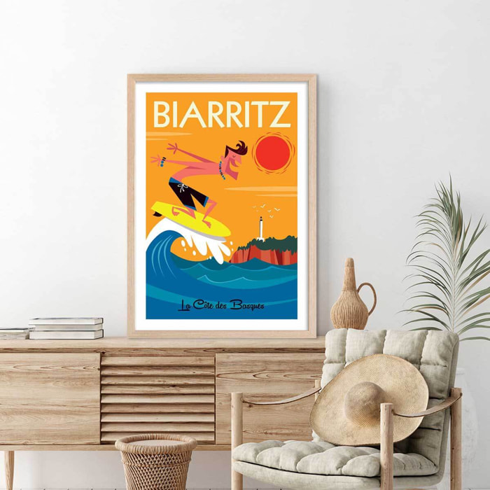 Affiche Surf à Biarritz Affiche + cadre en bois - Chêne