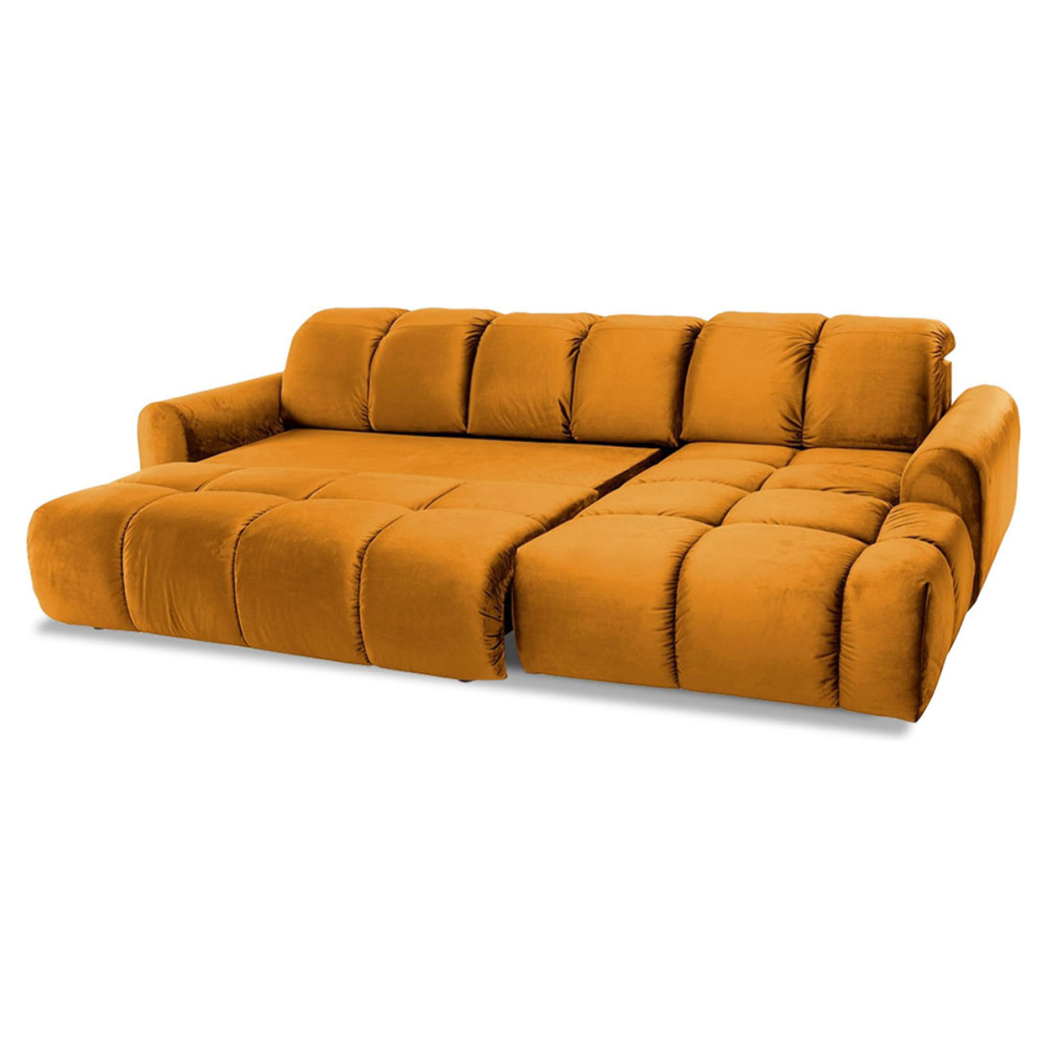 Canapé d'Angle Droit Convertible Velours Anacapri, 3 Places, Couchage Intégré, Coffre de Rangement, Repose-têtes Ajustables