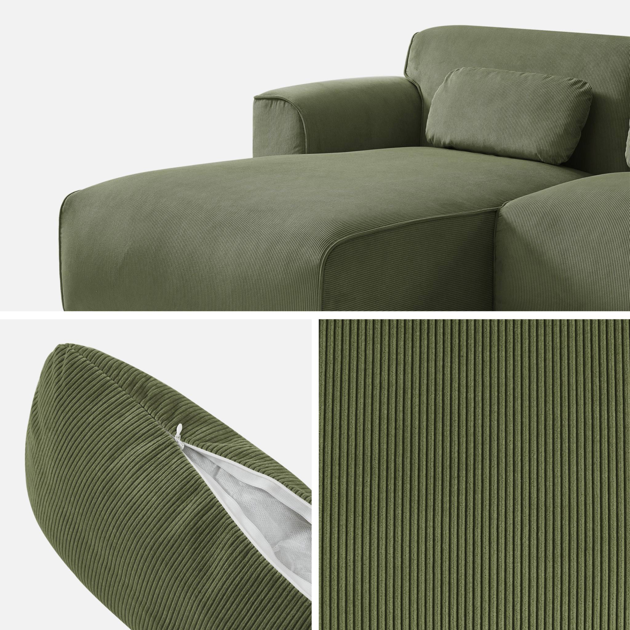 Canapé d'angle gauche. 2 à 3 places. velours côtelé vert. Wallas L 196 x P 151 / 91 / x H 73cm