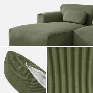 Canapé d'angle gauche. 2 à 3 places. velours côtelé vert. Wallas L 196 x P 151 / 91 / x H 73cm