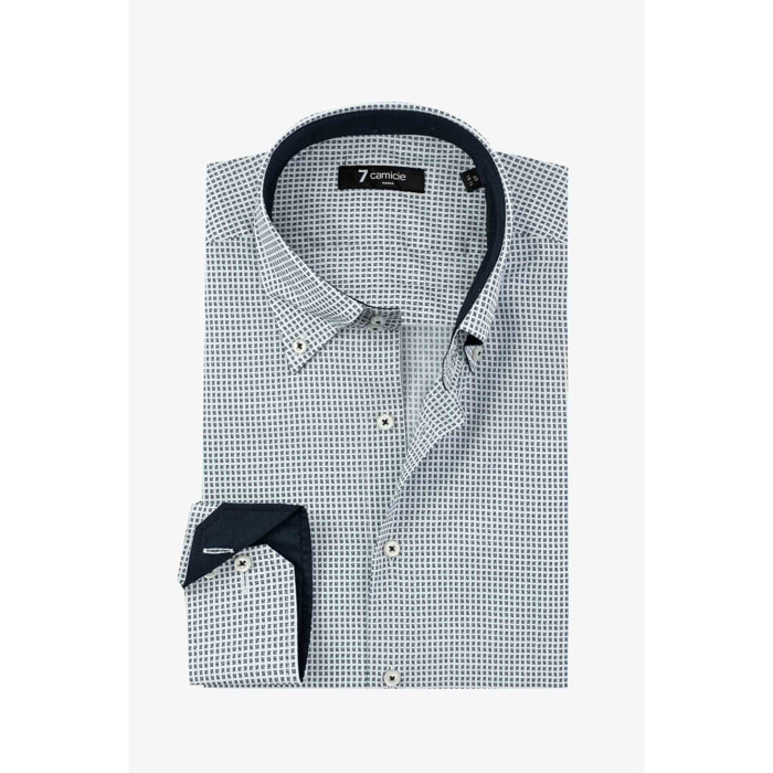 Camicia Uomo 2 Bottoni Button Down Slim Popeline Stampato Bianco e Blu