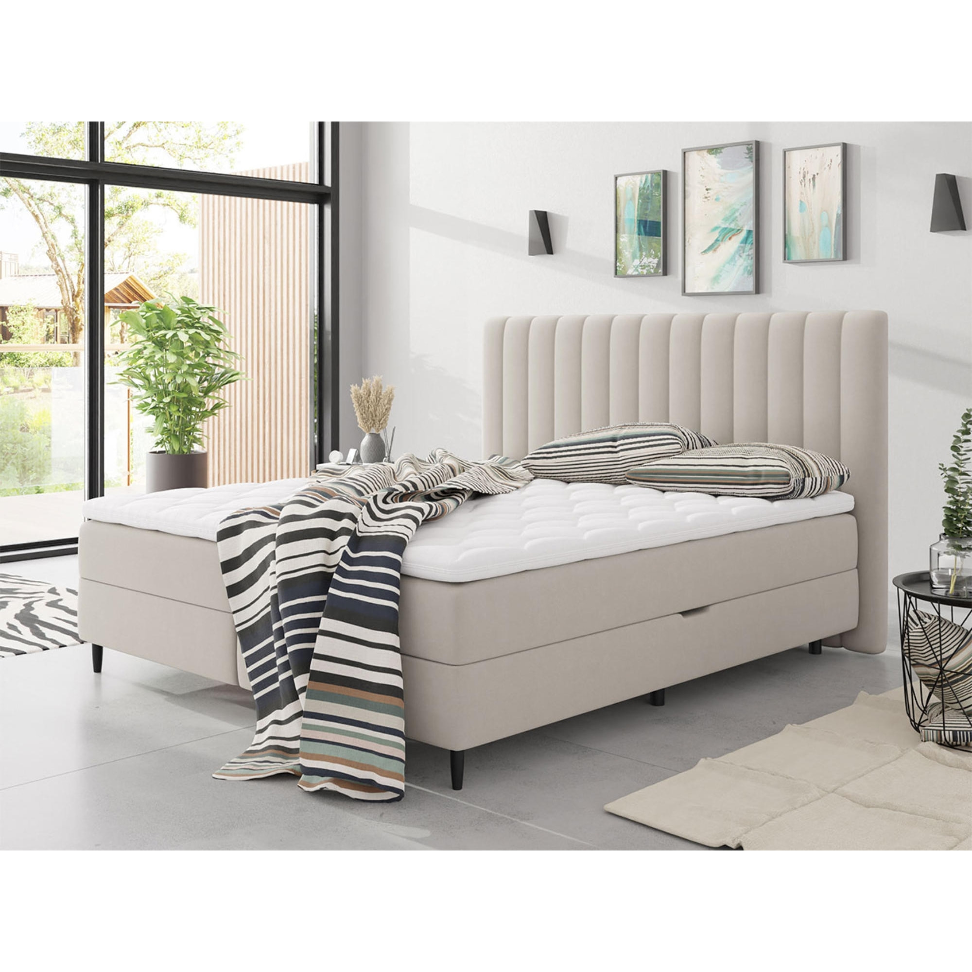 Maria - lit boxspring - 160x200 - en velours - coffres et surmatelas inclus - Beige